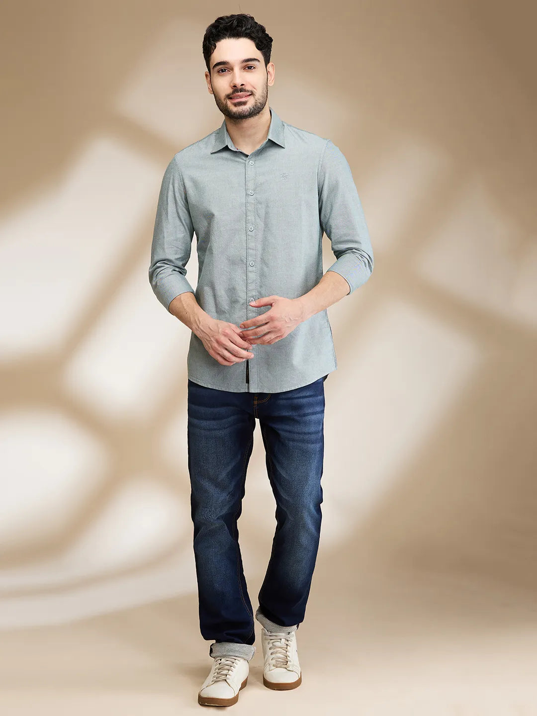 Green Slim Straight Fit Regular Collar Long Sleeves Men's Shirt by Being Human Clothing