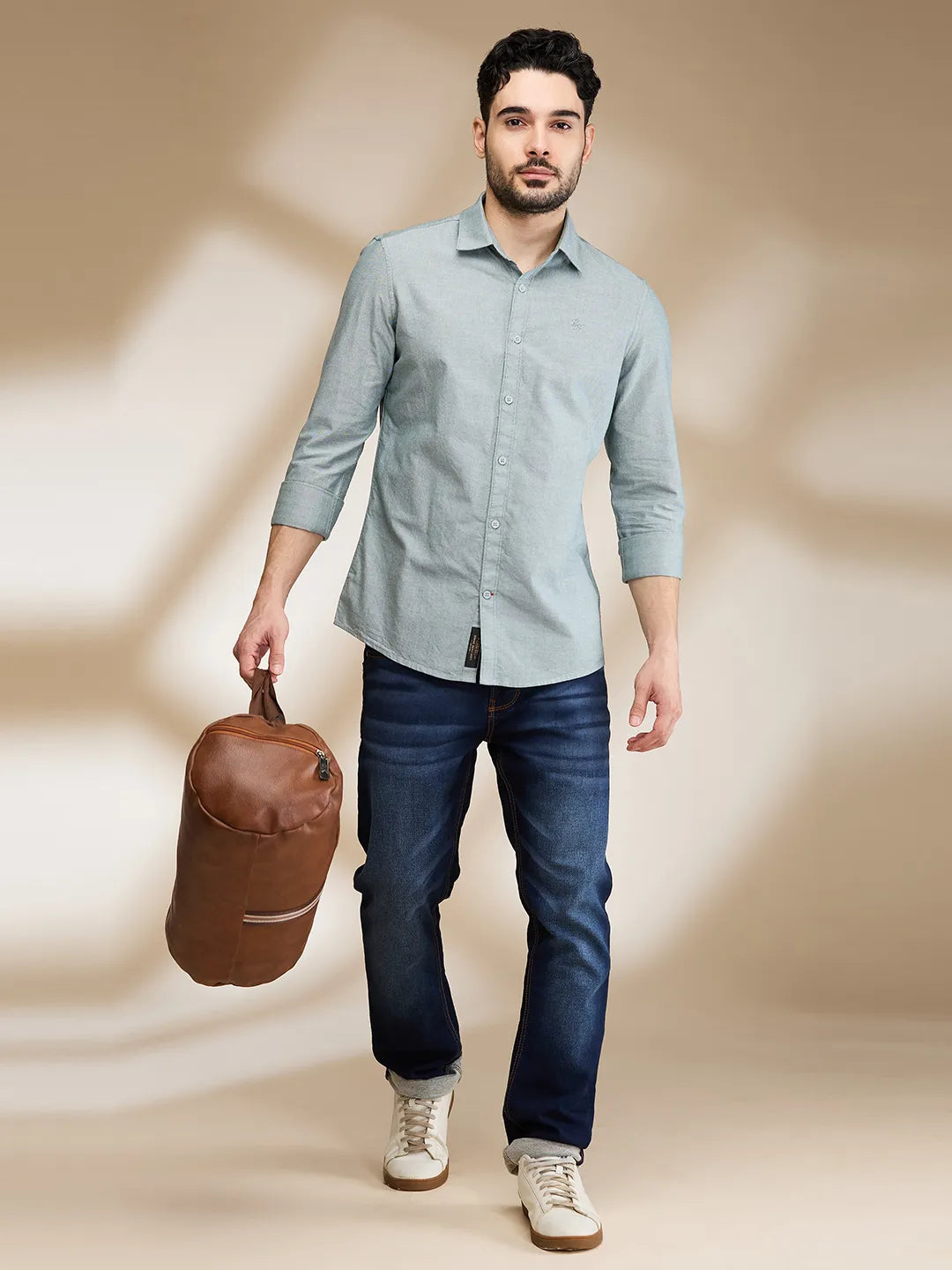 Green Slim Straight Fit Regular Collar Long Sleeves Men's Shirt by Being Human Clothing