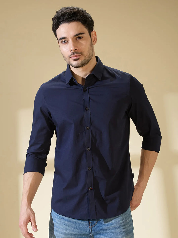 Navy Slim Fit Regular Collar Men's Shirt by Being Human Clothing