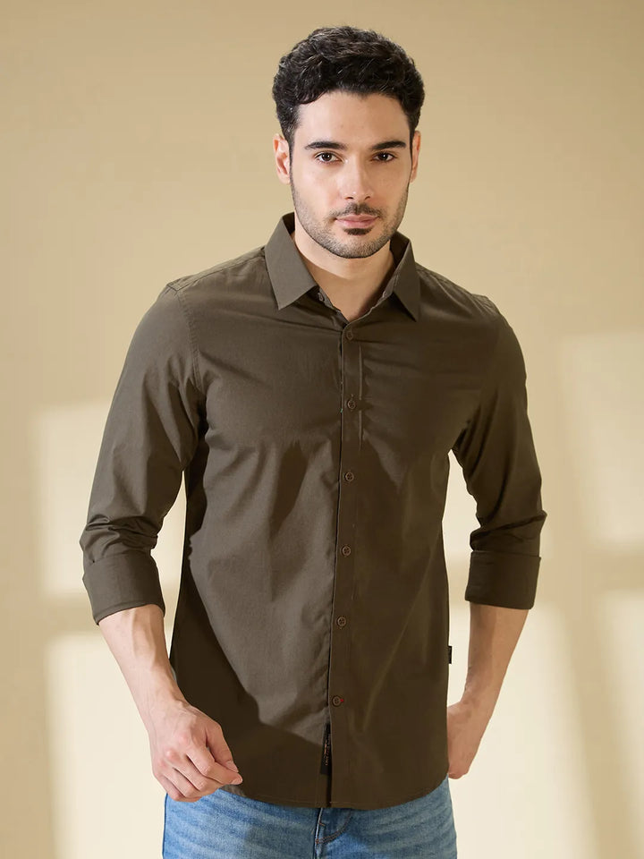 Olive Slim Straight Fit Regular Collar Long Sleeves Men's Shirt by Being Human Clothing