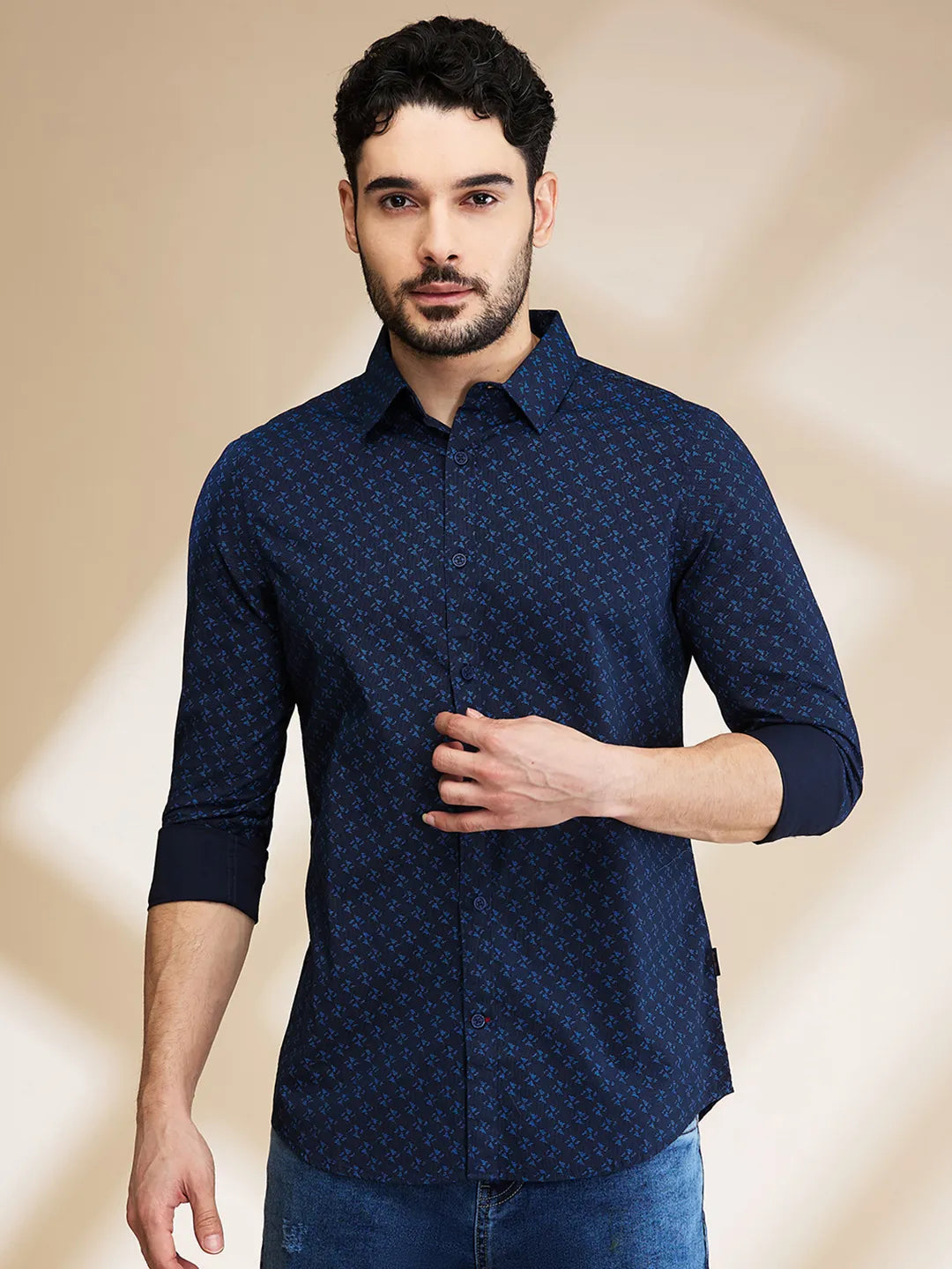 Blue Slim Straight Fit Regular Collar Long Sleeves Men's Shirt by Being Human Clothing