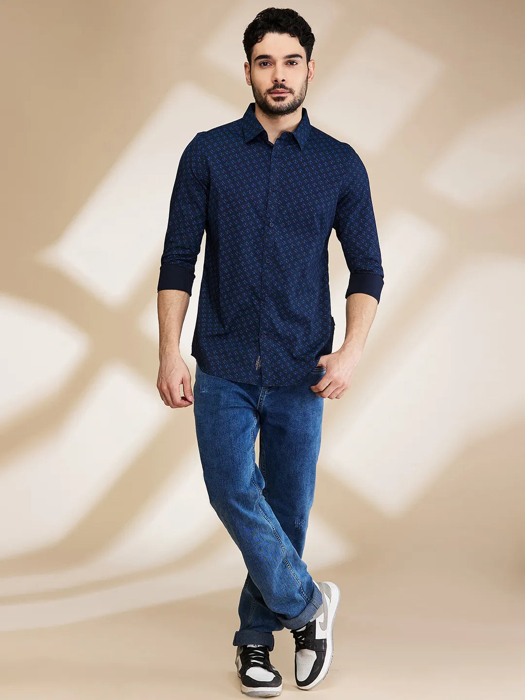 Blue Slim Straight Fit Regular Collar Long Sleeves Men's Shirt by Being Human Clothing