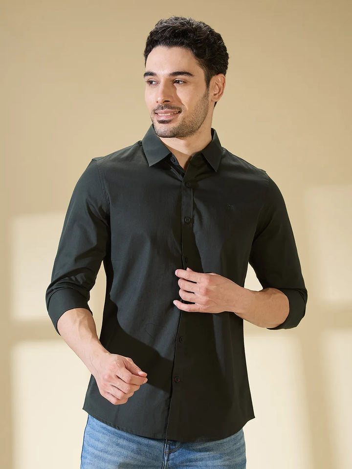 Green Slim Straight Fit Regular Collar Long Sleeves Men's Shirt by Being Human Clothing