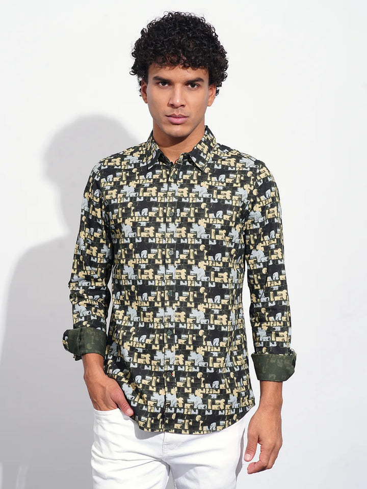 Green Slim Straight Fit Regular Collar Long Sleeves Men's Shirt by Being Human Clothing
