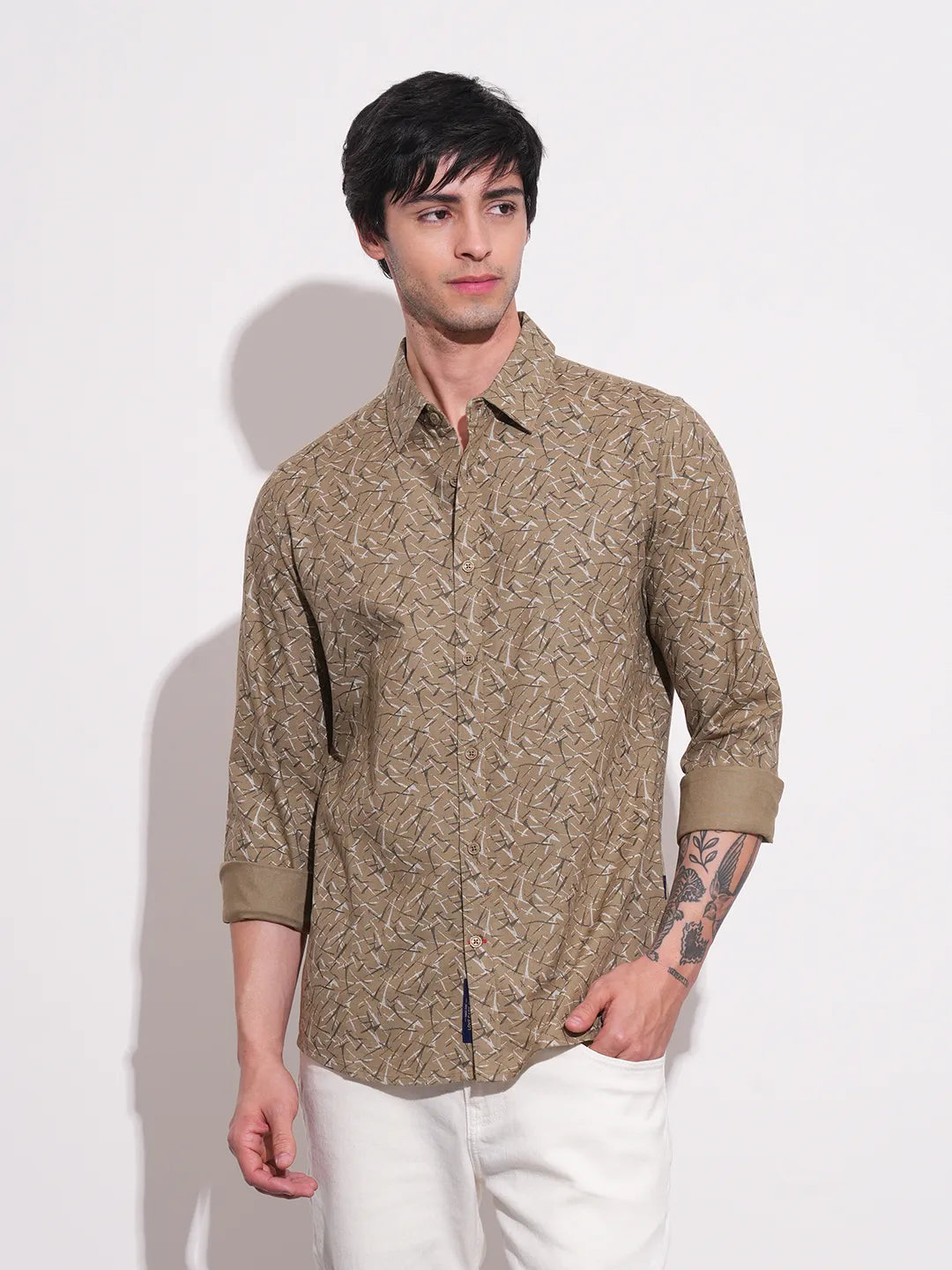 Khaki Slim Straight Fit Regular Collar Long Sleeves Men's Shirt by Being Human Clothing