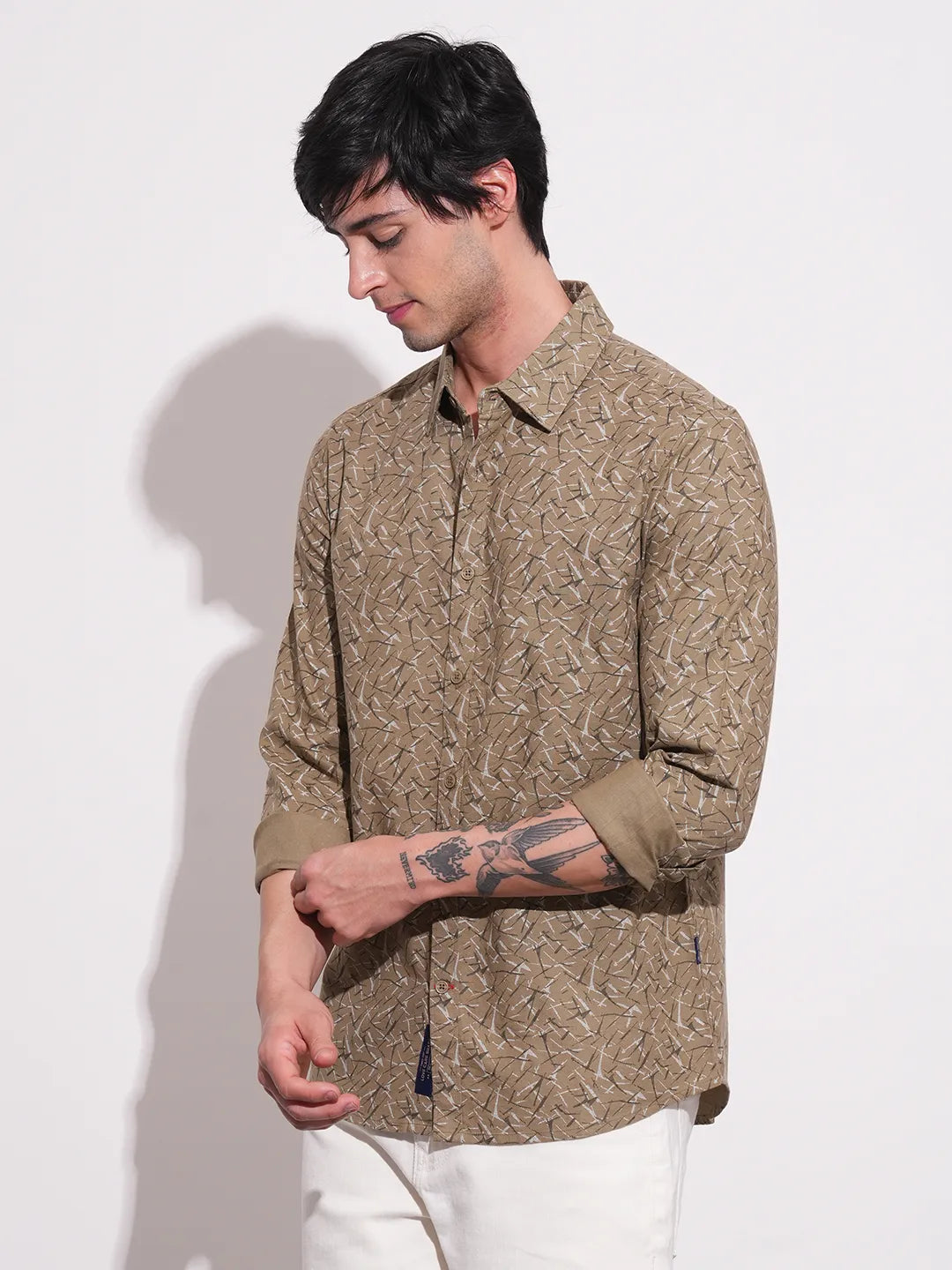 Khaki Slim Straight Fit Regular Collar Long Sleeves Men's Shirt by Being Human Clothing