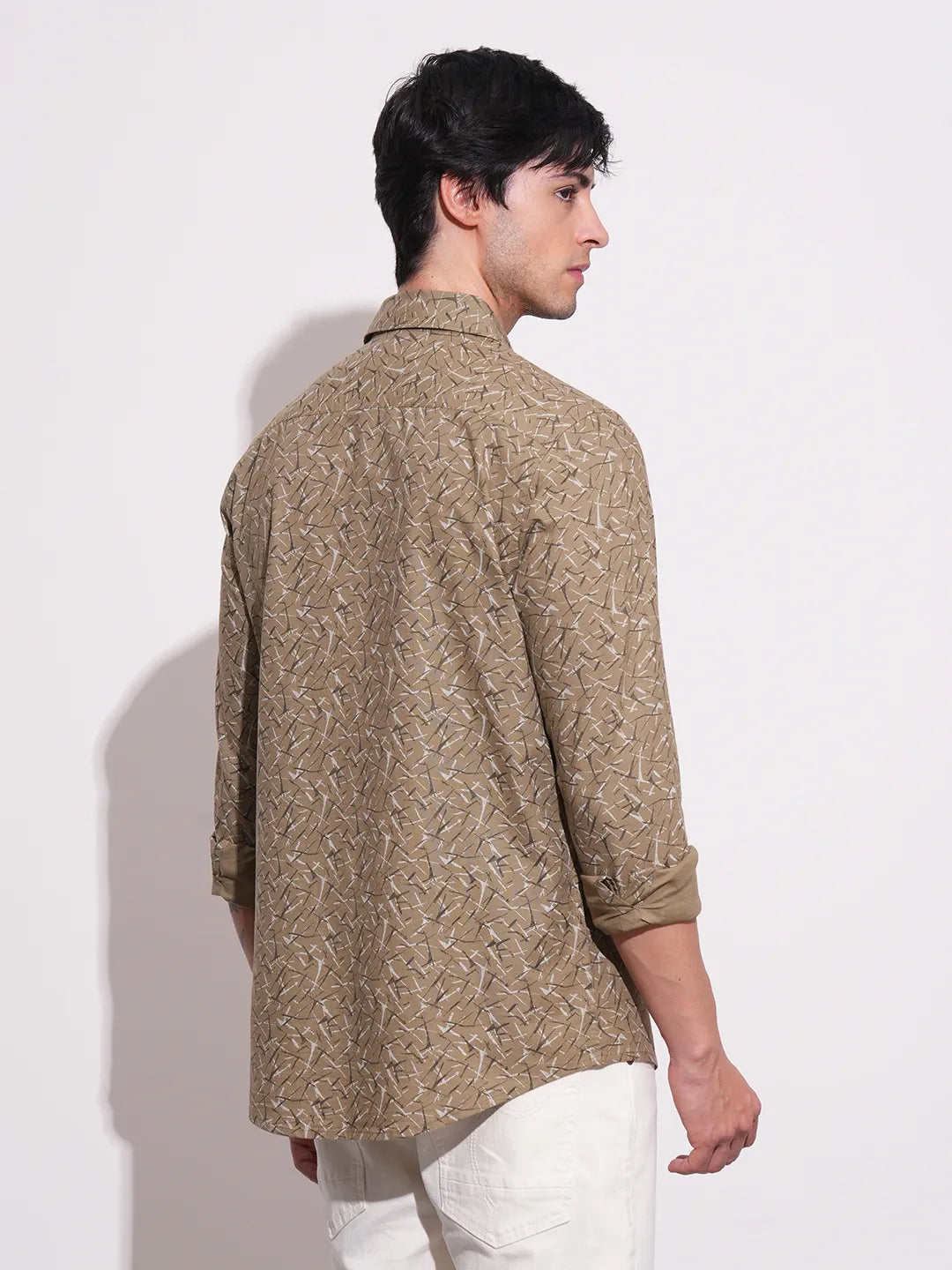 Khaki Slim Straight Fit Regular Collar Long Sleeves Men's Shirt by Being Human Clothing