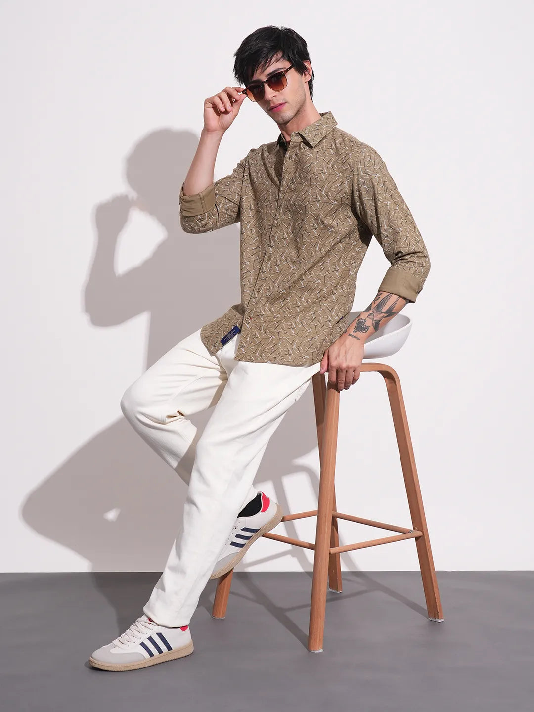 Khaki Slim Straight Fit Regular Collar Long Sleeves Men's Shirt by Being Human Clothing