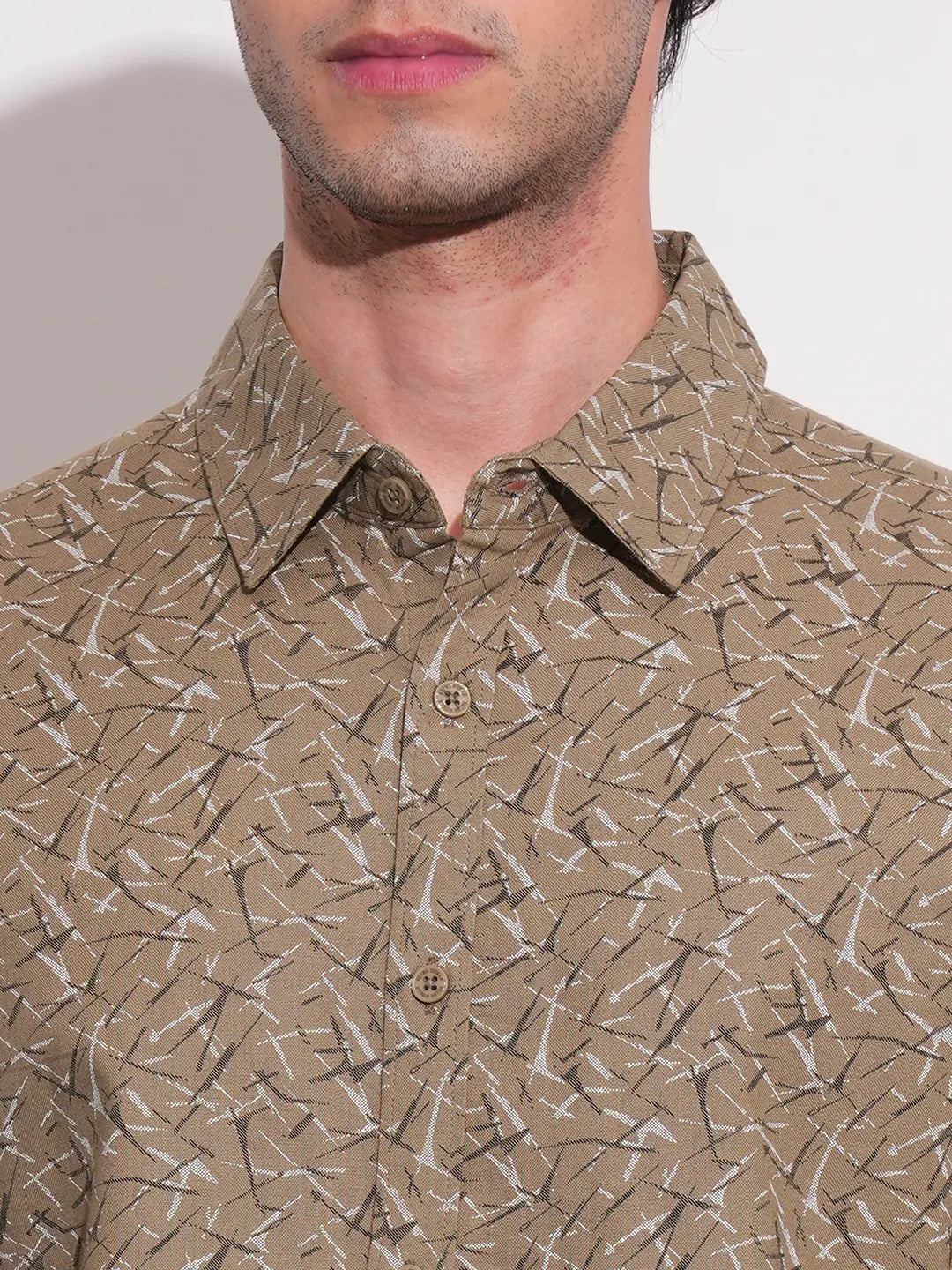 Khaki Slim Straight Fit Regular Collar Long Sleeves Men's Shirt by Being Human Clothing