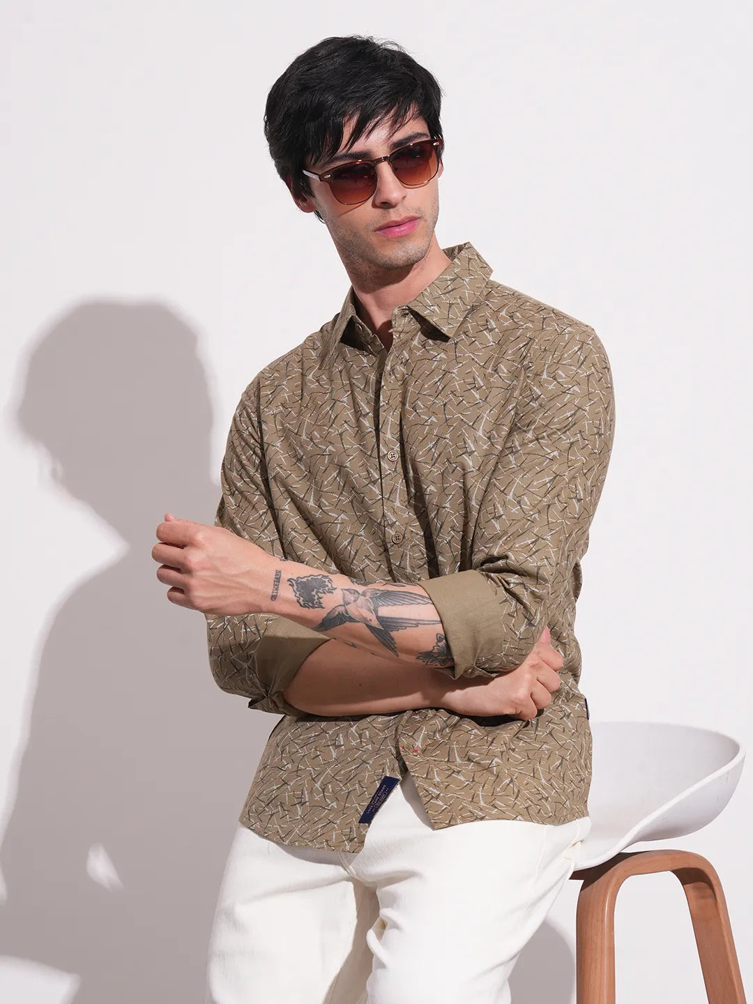 Khaki Slim Straight Fit Regular Collar Long Sleeves Men's Shirt by Being Human Clothing