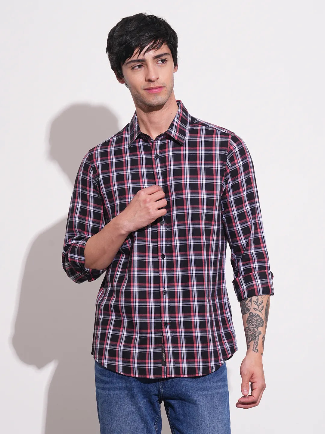 Black Slim Straight Fit Regular Collar Long Sleeves Men's Shirt by Being Human Clothing