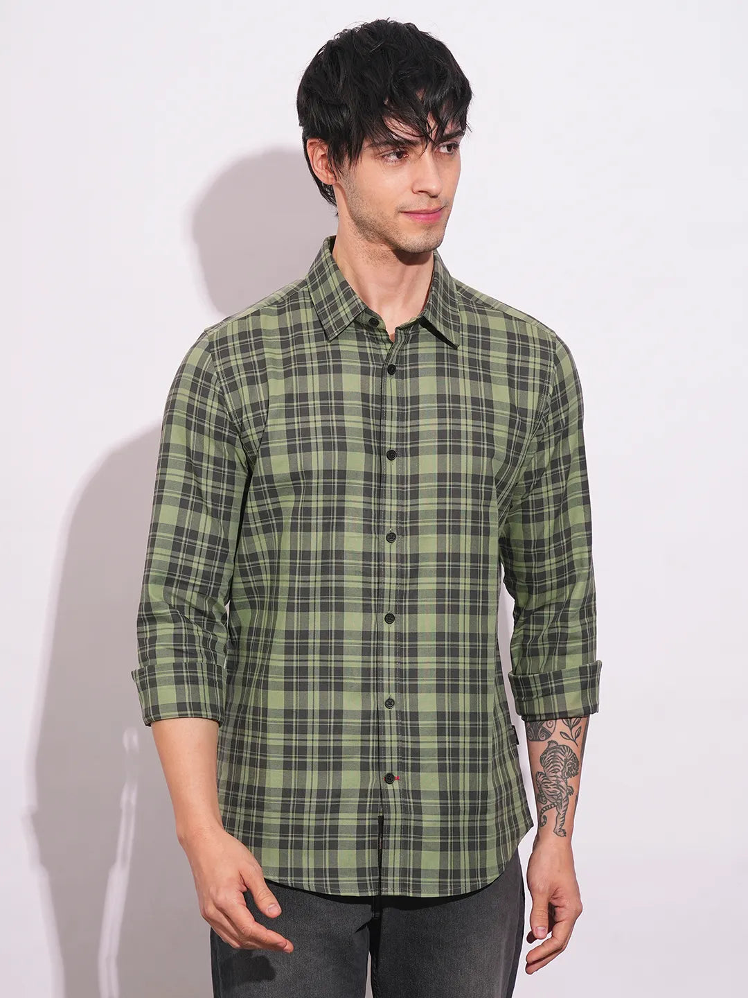 Olive Slim Straight Fit Regular Collar Long Sleeves Men's Shirt by Being Human Clothing