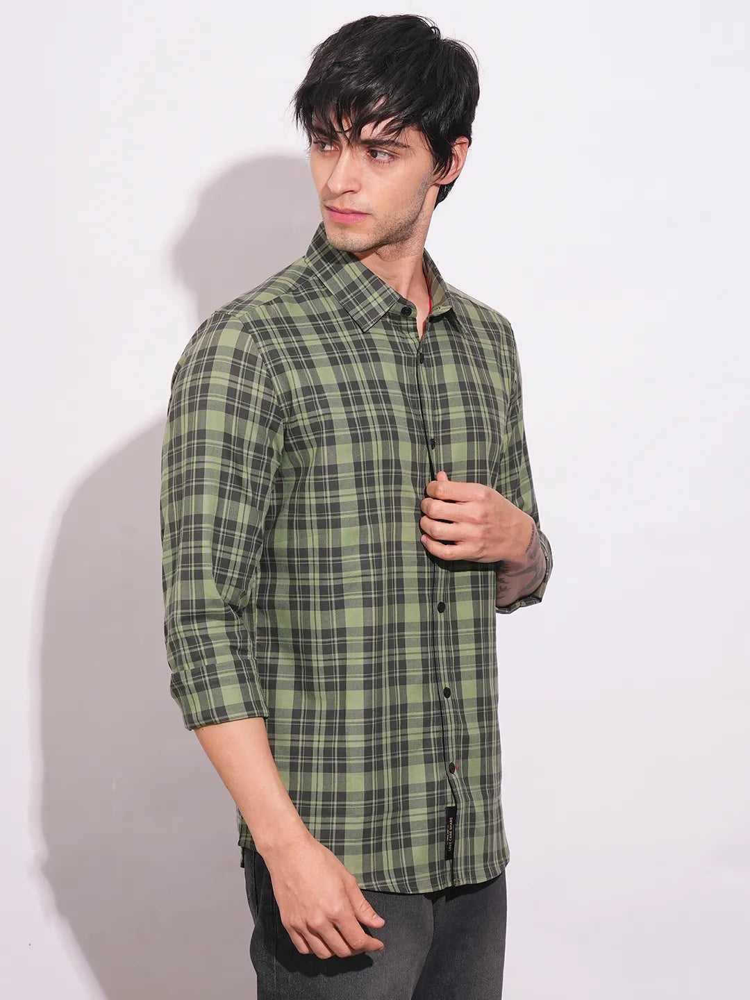 Olive Slim Straight Fit Regular Collar Long Sleeves Men's Shirt by Being Human Clothing