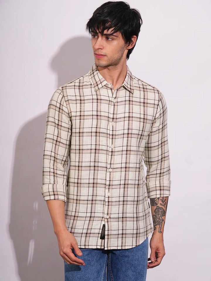 Beige Slim Fit Regular Collar Men's Shirt by Being Human Clothing