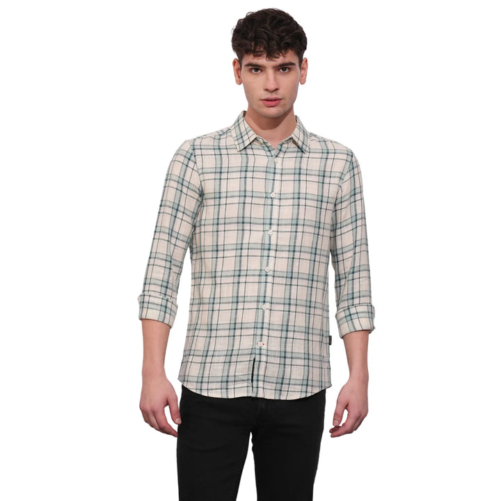 Beige Slim Fit Regular Collar Men's Shirt by Being Human Clothing