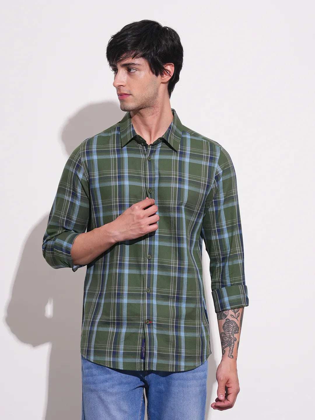 Dark Green Slim Fit Regular Collar Men's Shirt by Being Human Clothing