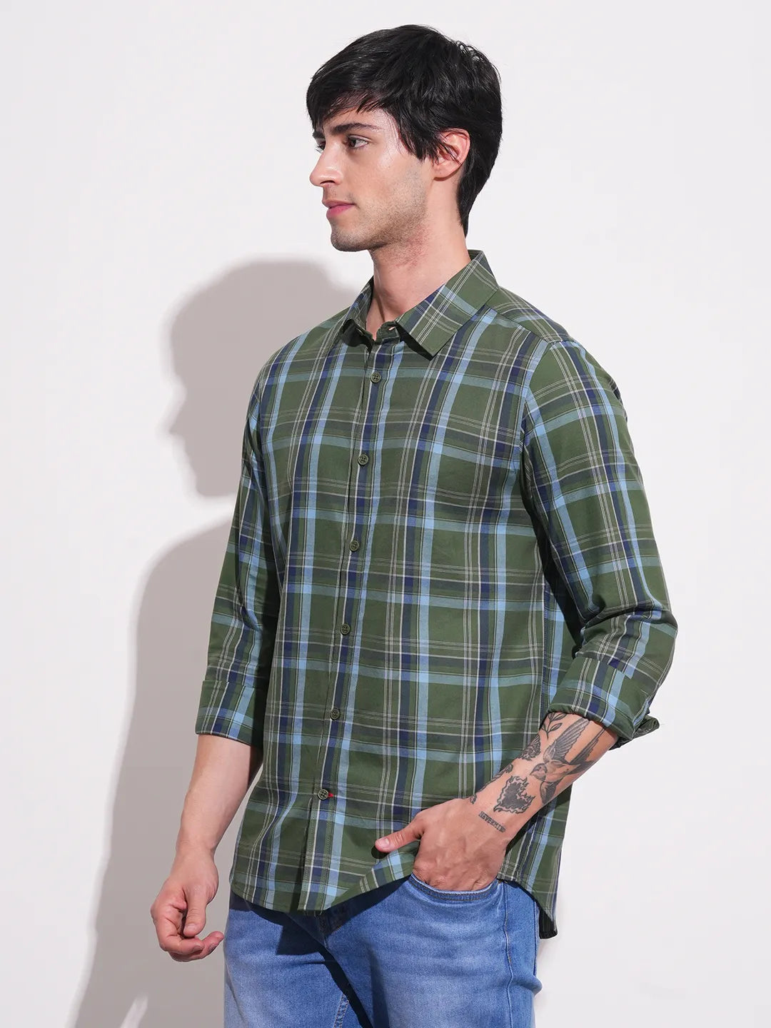 Dark Green Slim Fit Regular Collar Men's Shirt by Being Human Clothing
