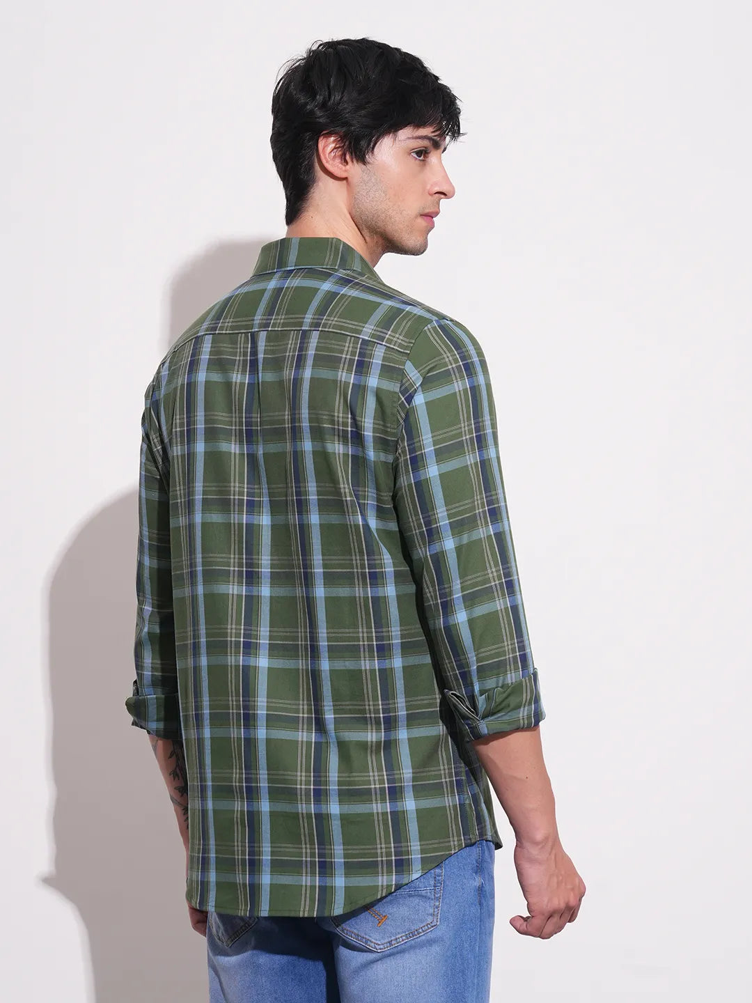 Dark Green Slim Fit Regular Collar Men's Shirt by Being Human Clothing