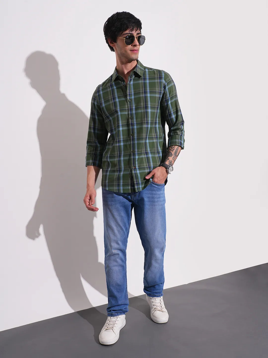 Dark Green Slim Fit Regular Collar Men's Shirt by Being Human Clothing