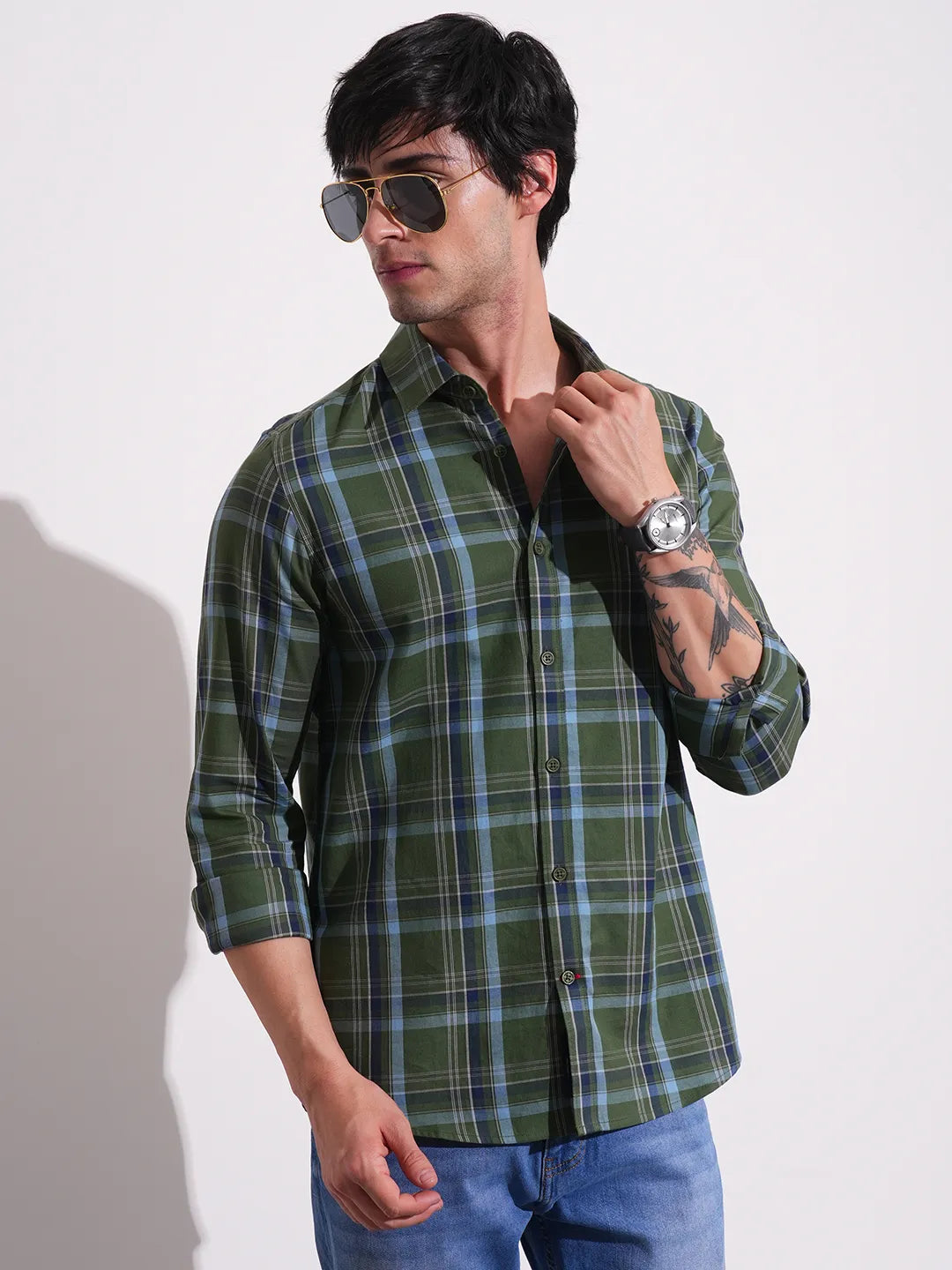 Dark Green Slim Fit Regular Collar Men's Shirt by Being Human Clothing