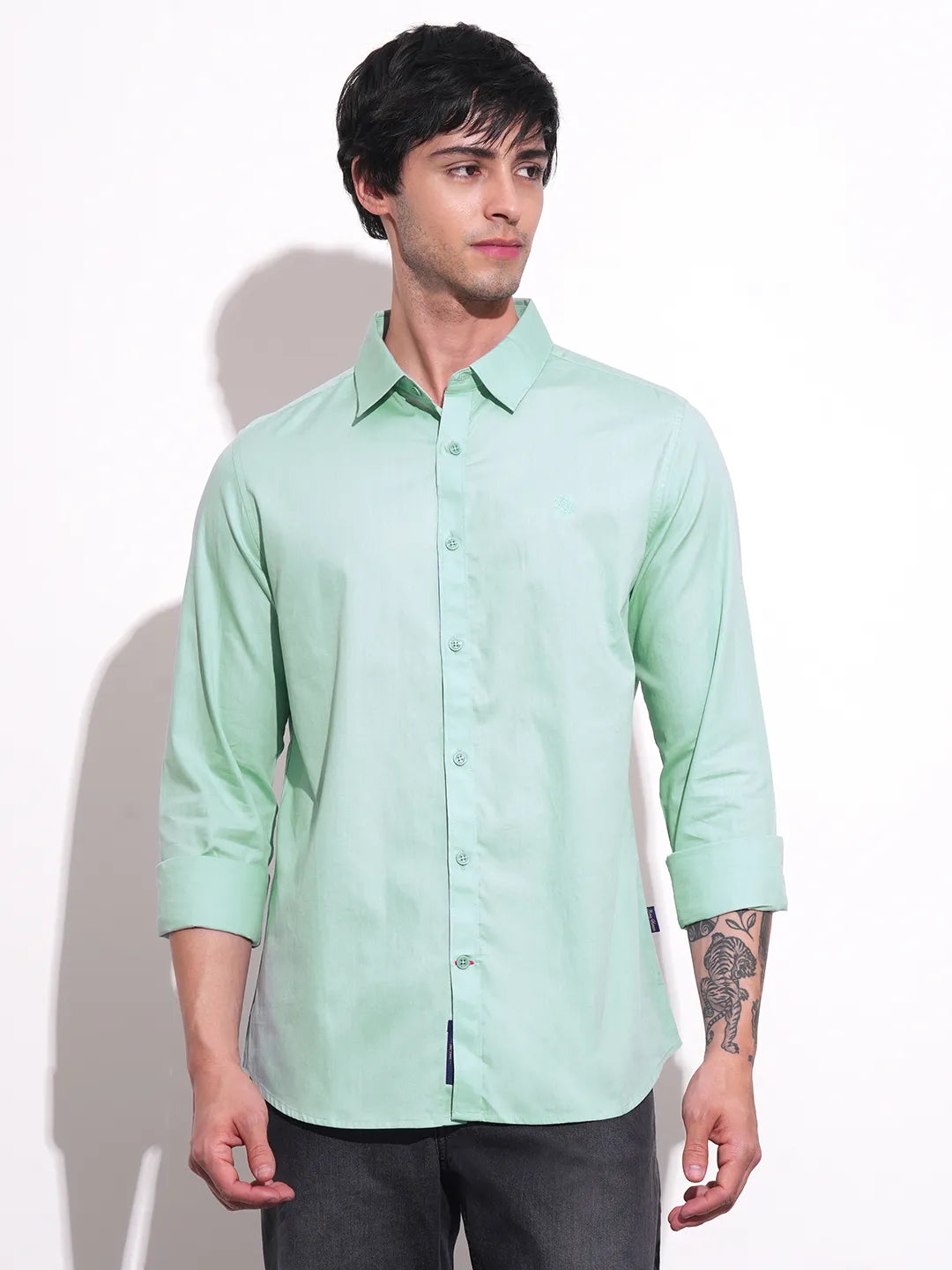 Green Slim Straight Fit Regular Collar Long Sleeves Men's Shirt by Being Human Clothing