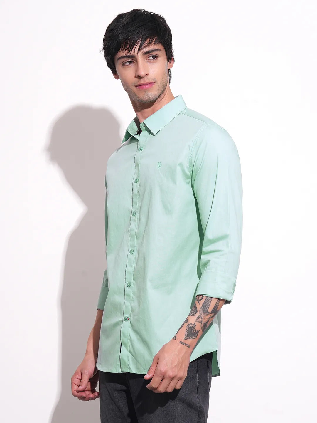 Green Slim Straight Fit Regular Collar Long Sleeves Men's Shirt by Being Human Clothing