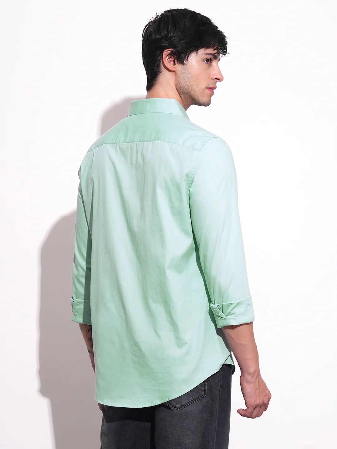 Green Slim Straight Fit Regular Collar Long Sleeves Men's Shirt by Being Human Clothing