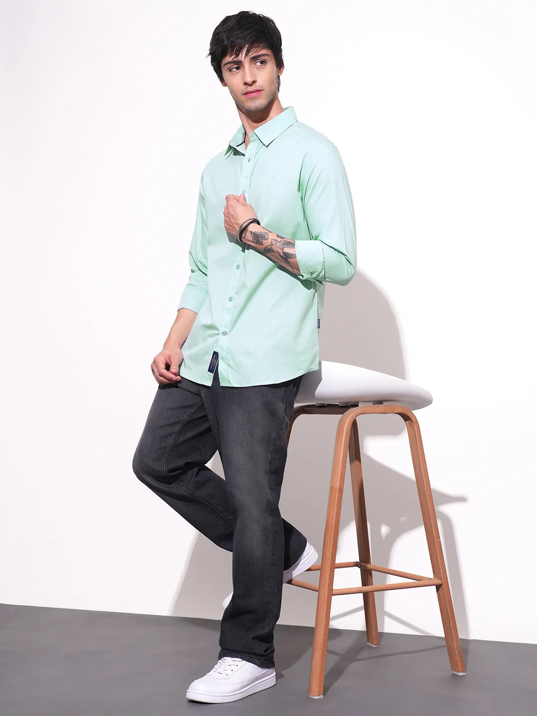 Green Slim Straight Fit Regular Collar Long Sleeves Men's Shirt by Being Human Clothing