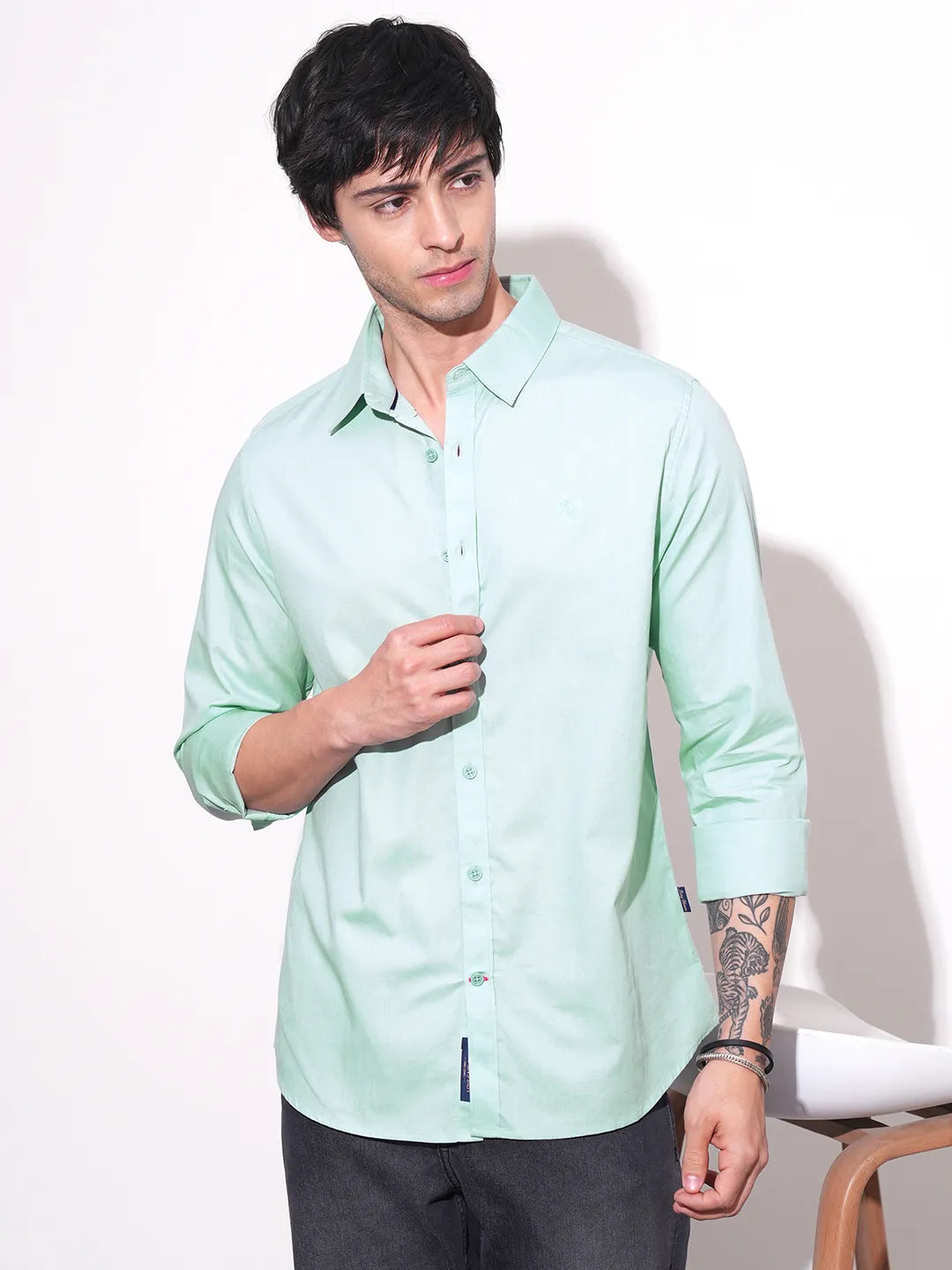 Green Slim Straight Fit Regular Collar Long Sleeves Men's Shirt by Being Human Clothing