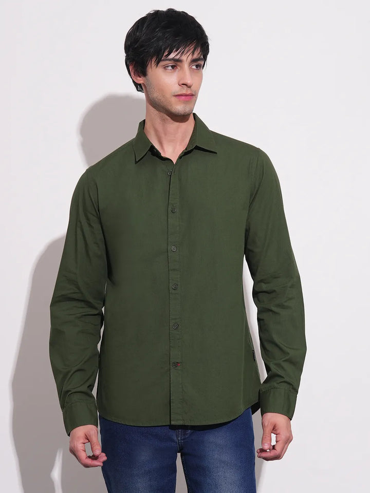 Olive Slim Straight Fit Regular Collar Long Sleeves Men's Shirt by Being Human Clothing