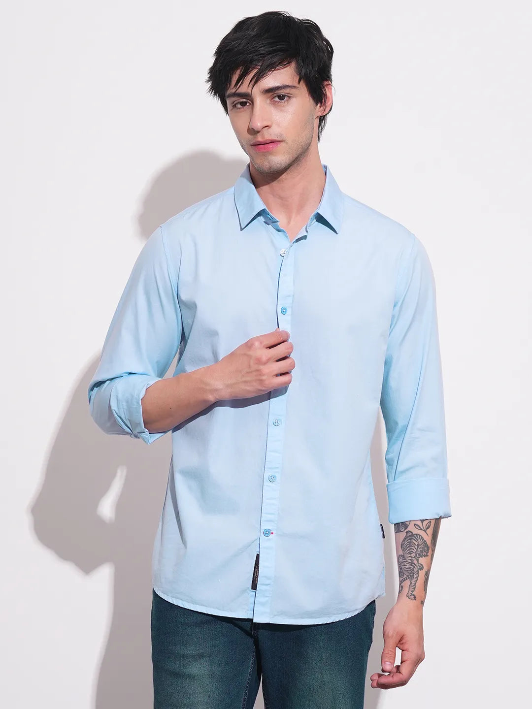 Blue Slim Straight Fit Regular Collar Long Sleeves Men's Shirt by Being Human Clothing