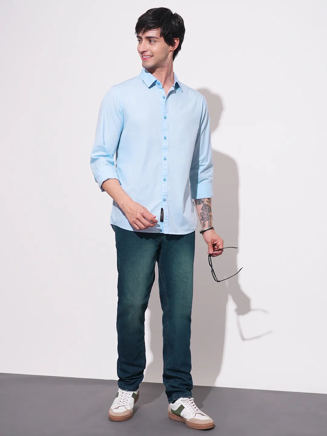 Blue Slim Straight Fit Regular Collar Long Sleeves Men's Shirt by Being Human Clothing