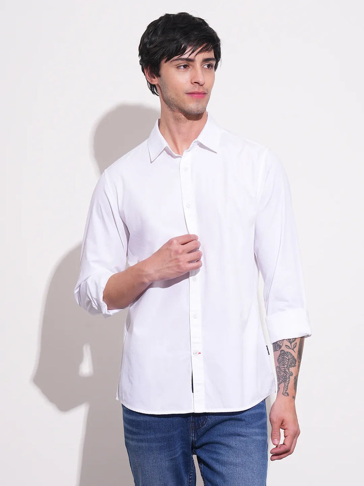 White Slim Straight Fit Regular Collar Long Sleeves Men's Shirt