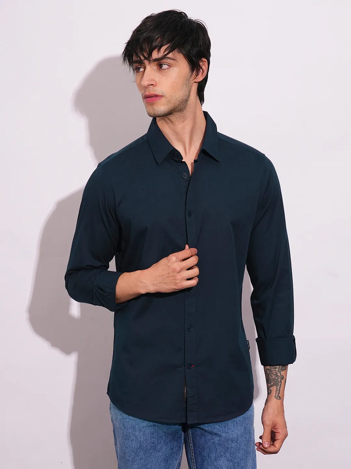 Blue Slim Straight Fit Regular Collar Long Sleeves Men's Shirt by Being Human Clothing