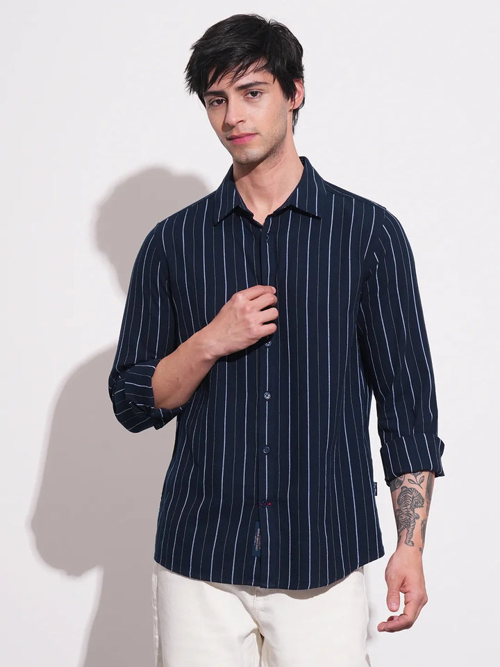 Blue Slim Straight Fit Regular Collar Long Sleeves Men's Shirt by Being Human Clothing