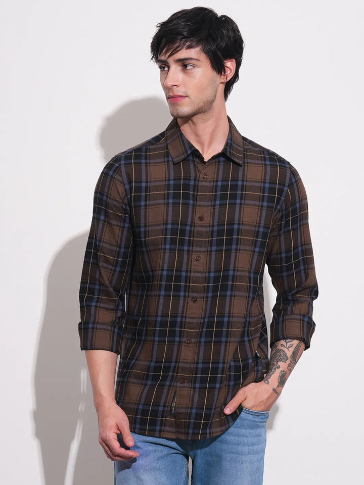 Brown Slim Straight Fit Regular Collar Long Sleeves Men's Shirt by Being Human Clothing