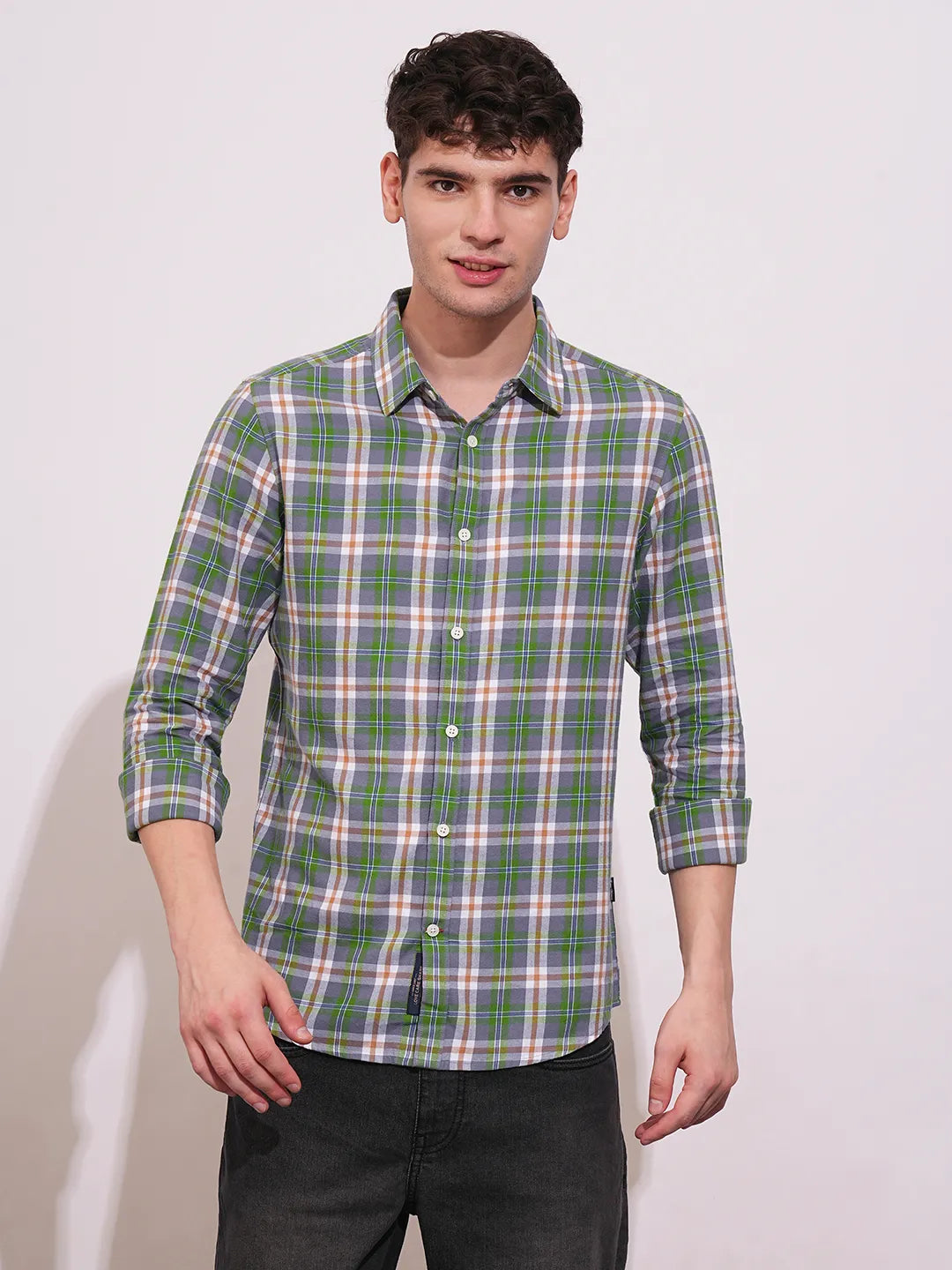 Green Slim Straight Fit Regular Collar Long Sleeves Men's Shirt by Being Human Clothing