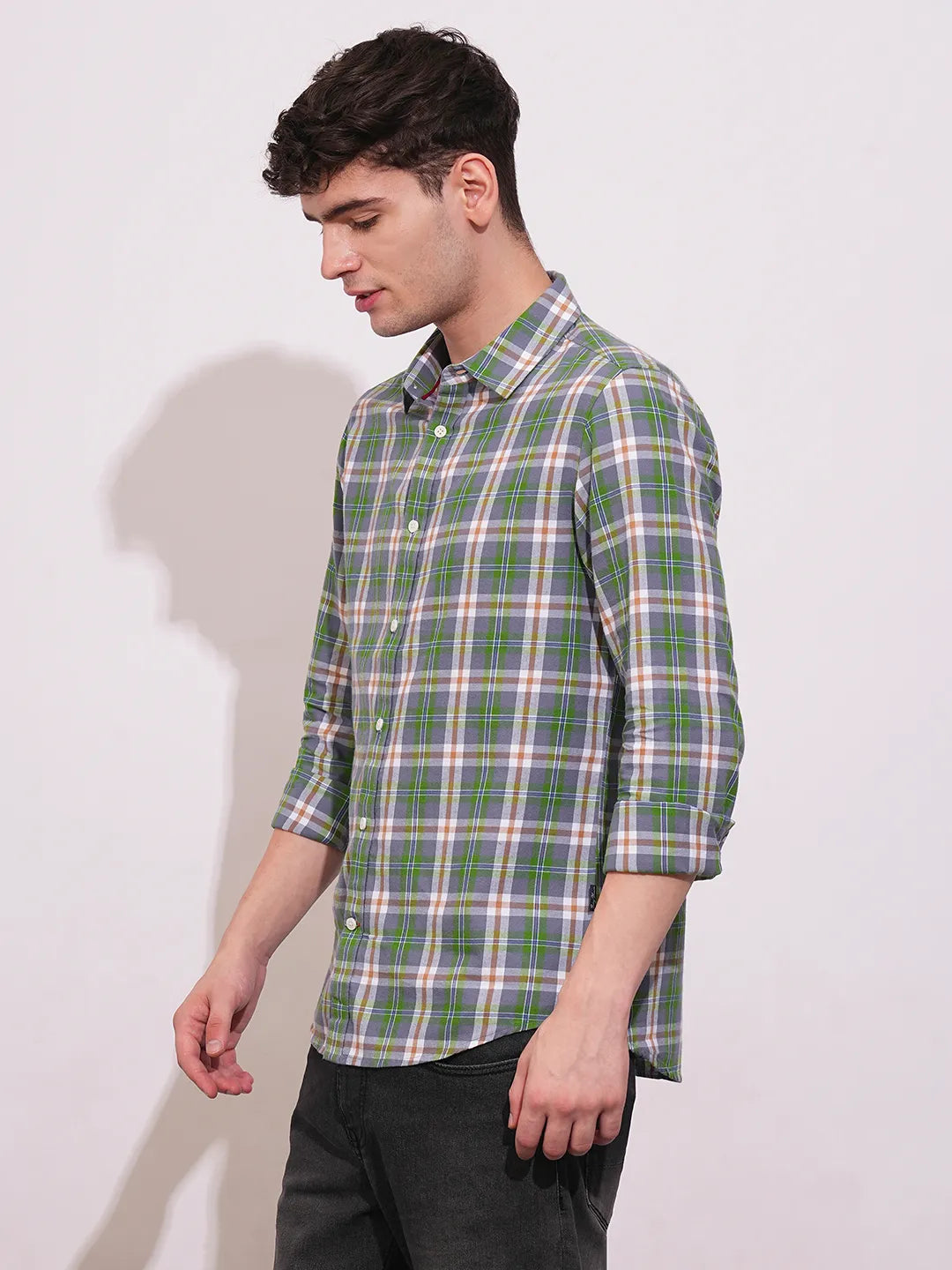 Green Slim Straight Fit Regular Collar Long Sleeves Men's Shirt by Being Human Clothing