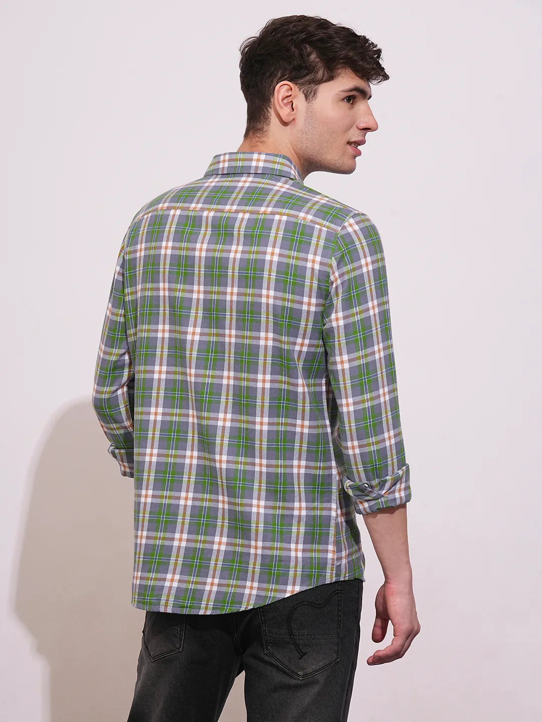 Green Slim Straight Fit Regular Collar Long Sleeves Men's Shirt by Being Human Clothing