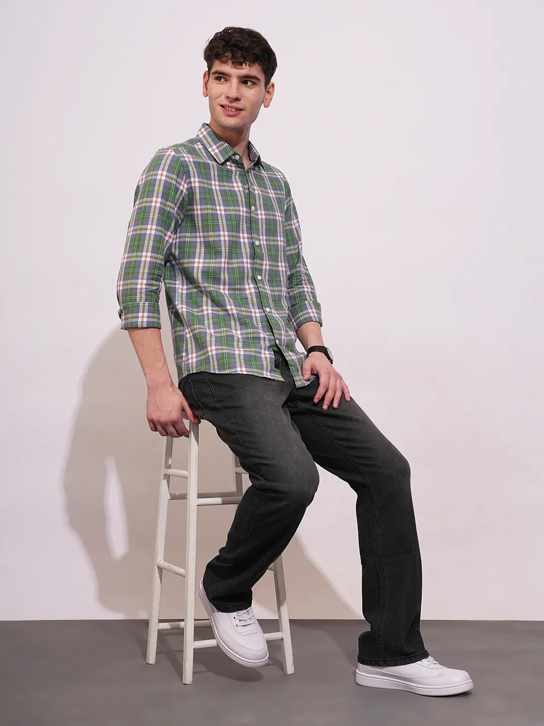 Green Slim Straight Fit Regular Collar Long Sleeves Men's Shirt by Being Human Clothing