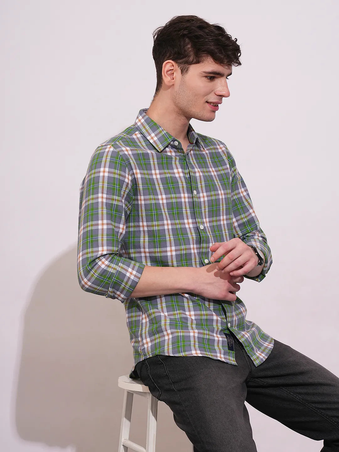 Green Slim Straight Fit Regular Collar Long Sleeves Men's Shirt by Being Human Clothing