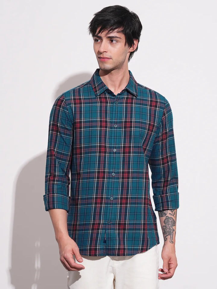 Red Slim Fit Regular Collar Men's Shirt by Being Human Clothing