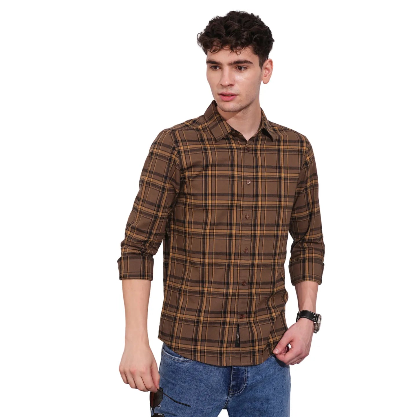 Brown Slim Straight Fit Regular Collar Long Sleeves Men's Shirt by Being Human Clothing
