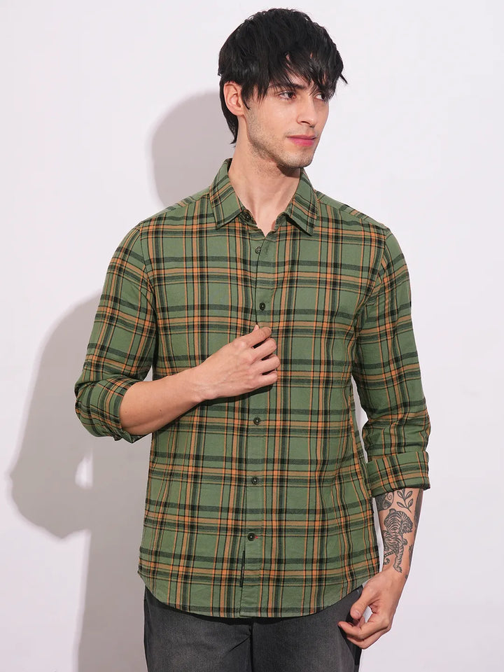Green Slim Straight Fit Regular Collar Long Sleeves Men's Shirt by Being Human Clothing