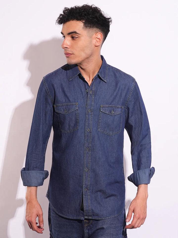 Blue Moderno Fit Regular Collar Long Sleeves Men's Shirt by Being Human Clothing