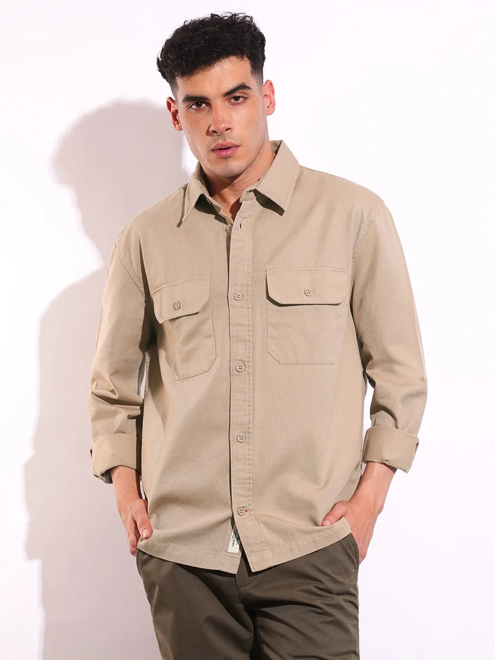 Beige Moderno Fit Regular Collar Long Sleeves Men's Shirt by Being Human Clothing
