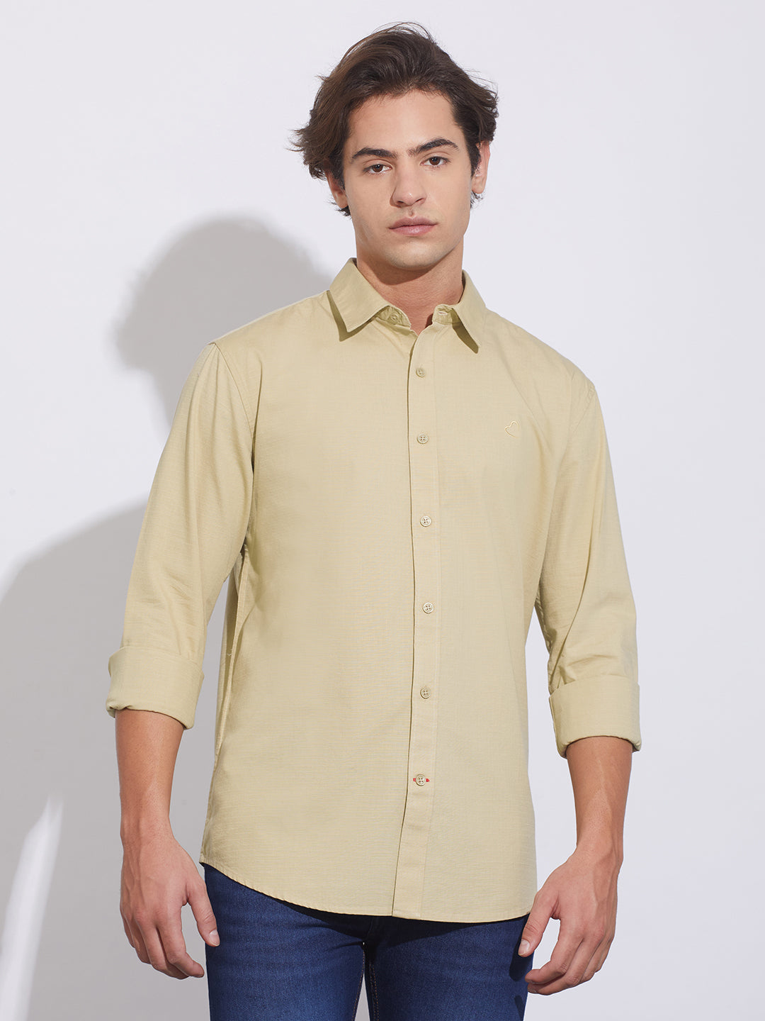 Beige Moderno Fit Regular Collar Men's Shirt by Being Human Clothing