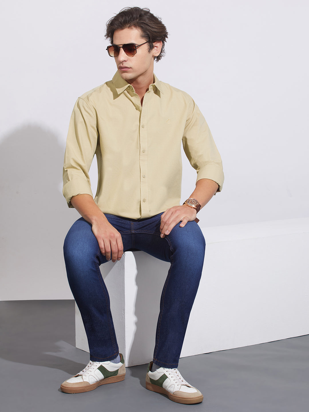 Beige Moderno Fit Regular Collar Men's Shirt by Being Human Clothing