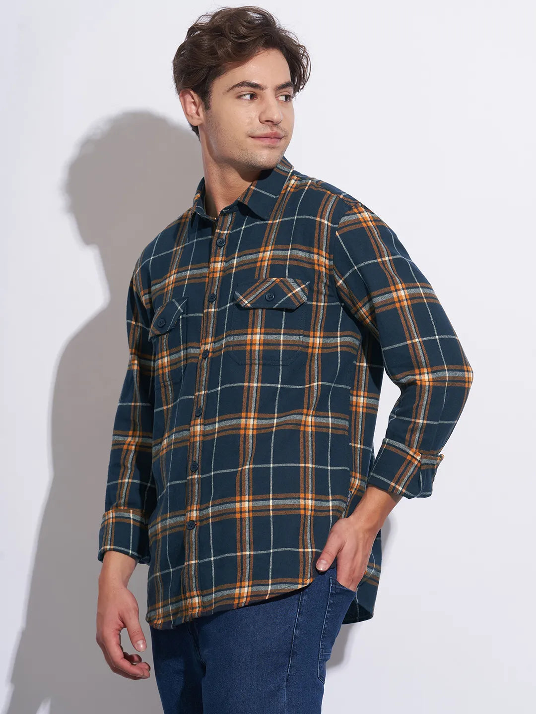 Blue Moderno Fit Regular Collar Long Sleeves Cotton Men's Shirt by Being Human Clothing