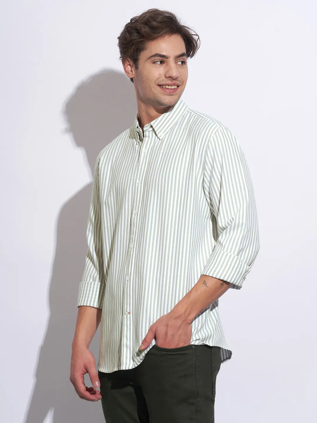 Green Moderno Fit Regular Collar Long Sleeves Cotton Men's Shirt by Being Human Clothing